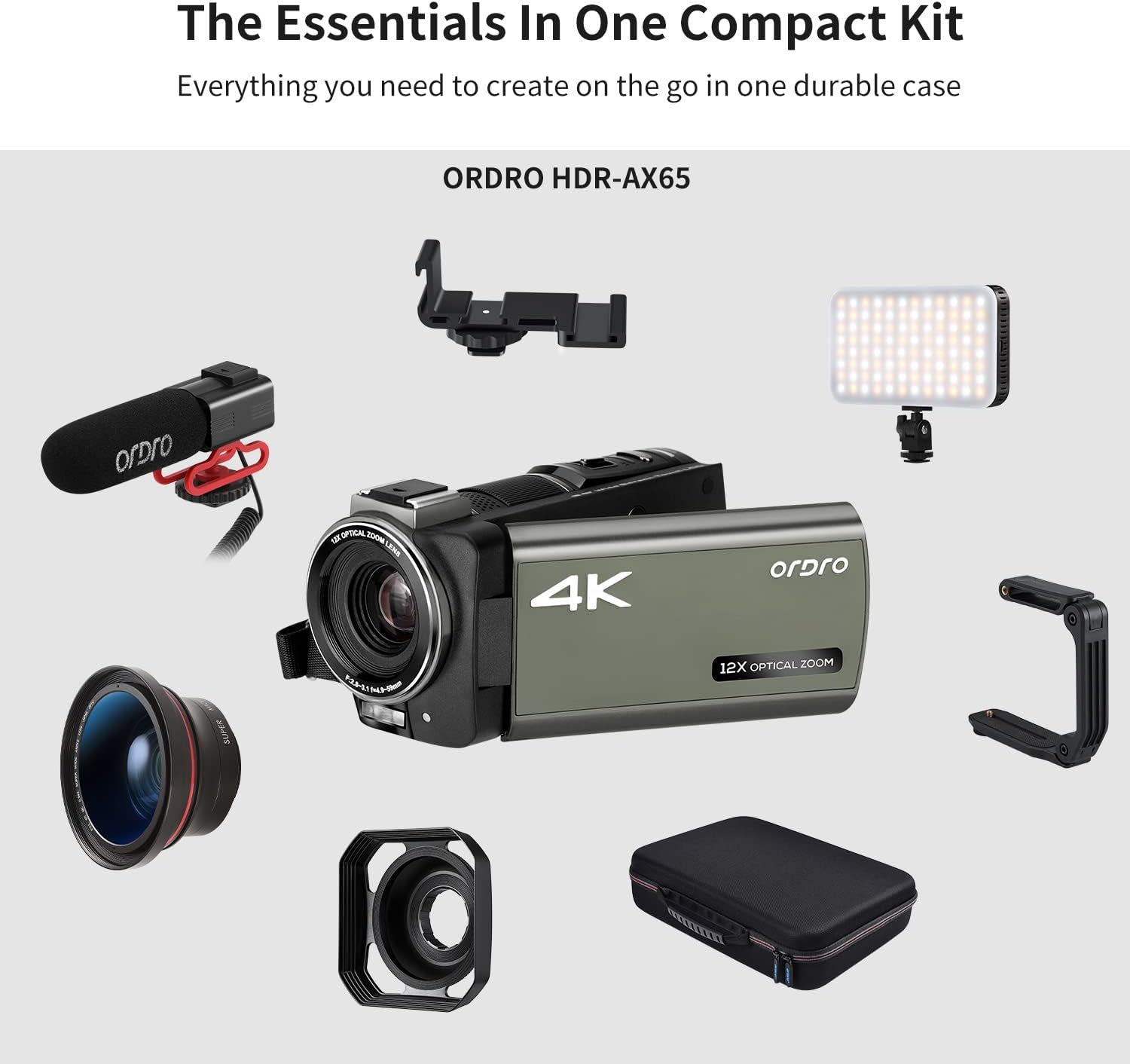 ORDRO 4K Camcorder UHD Video Camera Digital 1080P with 12x Optical Zoom Live Streaming Camera Recorder Bundle