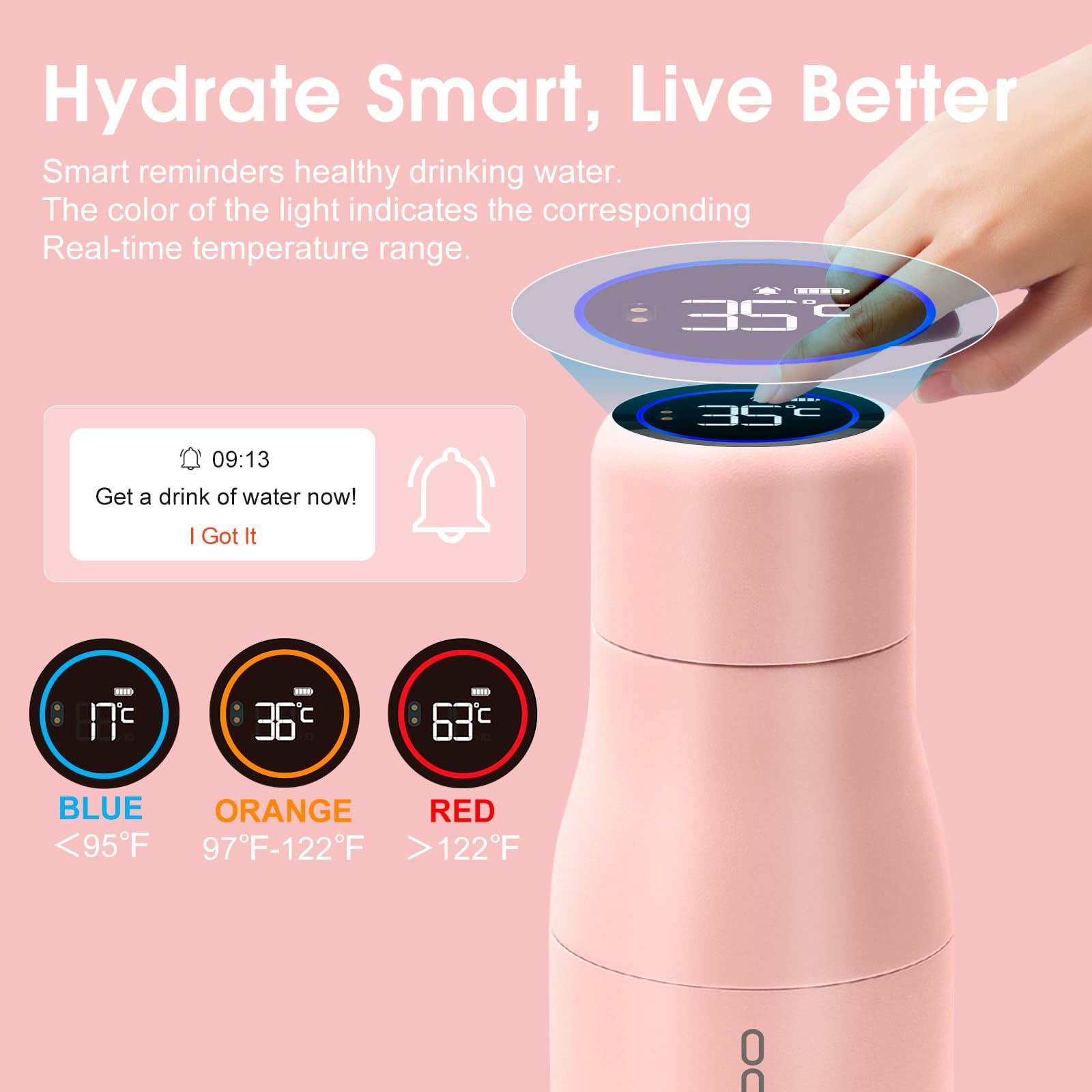 VSITOO 15oz Mini Smart Water Bottle，Self-Cleaning Insulated Bottle, Small Thermoses with AI, App & Touchscreen, Perfect Purse Water Bottle for Travel, Gym & Office, Pink