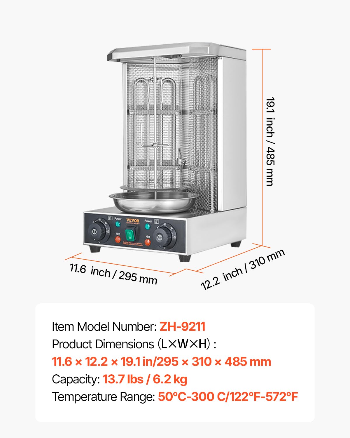 VEVOR Shawarma Grill Machine, Chicken Shawarma Cooker Machine Countertop, Electric Stainless Steel Broiler Gyro Rotisserie Oven Doner Kebab Machine, for Home Restaurant Kitchen Parties