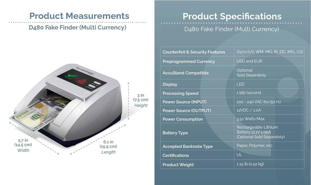 AccuBANKER D470 Quadscan 4-Way Orientation Counterfeit Bill Detector with UV, MG, IR, WM, Image, Length, Spectrum 7-Point Counterfeit Detection Methods - Optional Battery for Portable Use (No Battery)