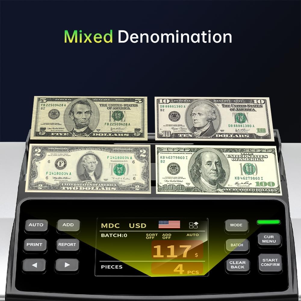 BillMaster B70 Mixed Denomination Money Counter Machine–Bank Grade Tech Contact Image Sensor CIS/UV/MG/IR/DD Fake Detector–Touch Screen–Printer Compatible–Cash Counter for Business–US Service Team