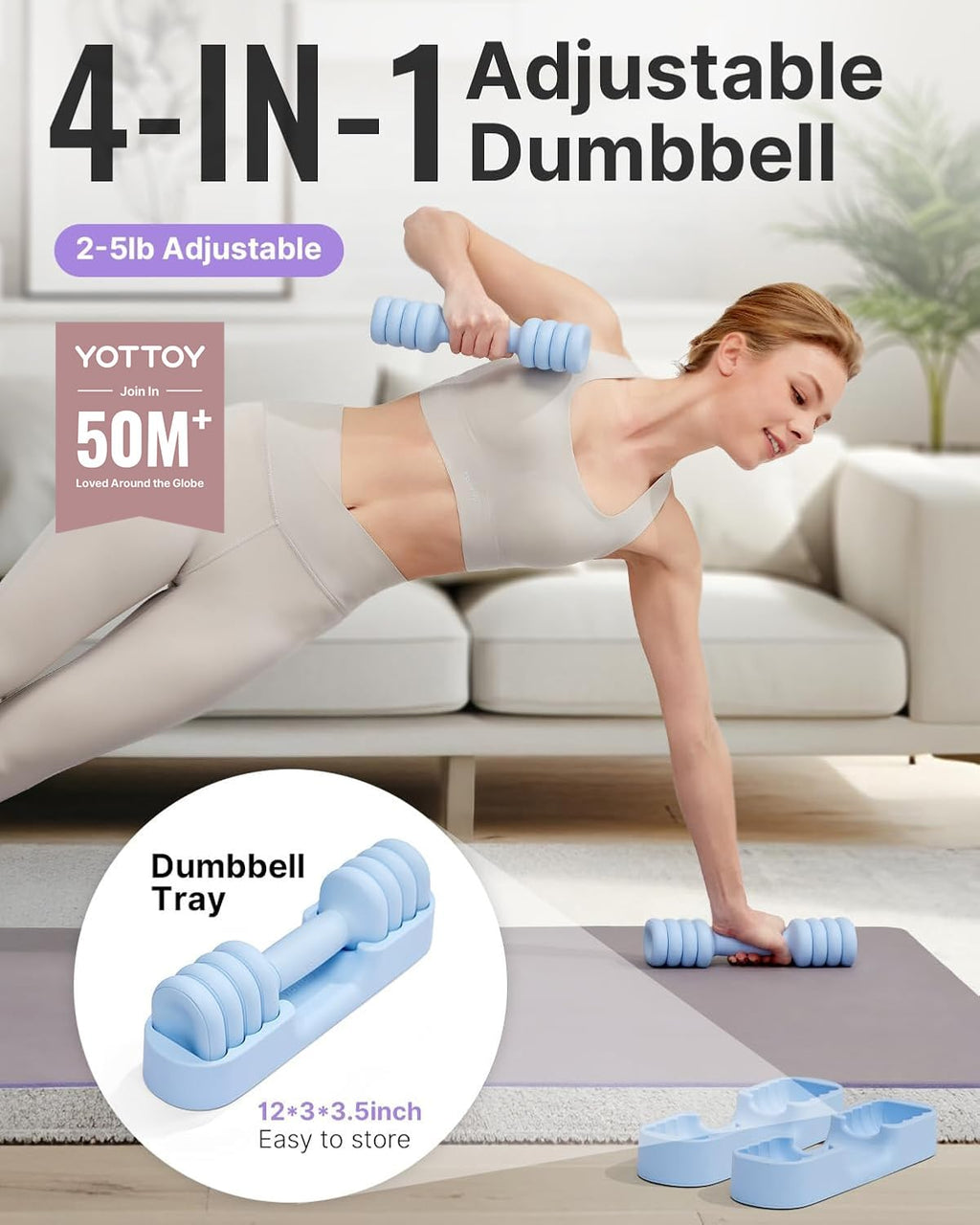 YOTTOY Adjustable Dumbbell Set of 2, 4-in-1 Hand Weights for Women at Home, Compact Free Weights Dumbbells Set with Soft Grip and Base, 2-5 lbs Each for Home Gym