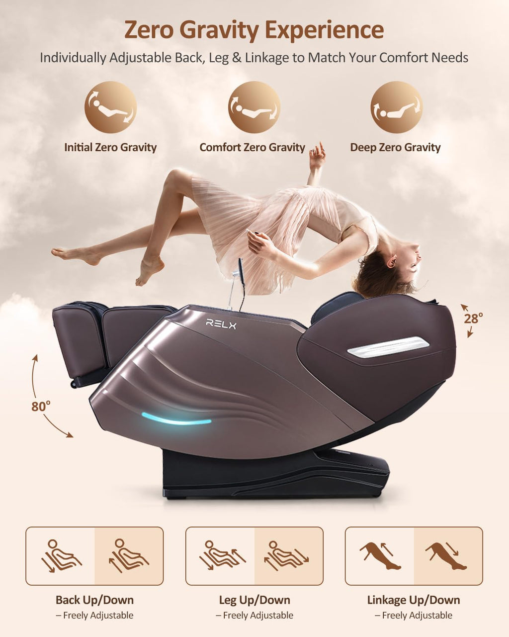 RELX Massage Chair Full Body, 20 Modes Zero Gravity SL-Track Shiatsu Massage Chair Built-in Heat System, Airbag Massage with Body Scan, Deep Yoga Stretch, Calfrest Extension and AI Control(Cream)