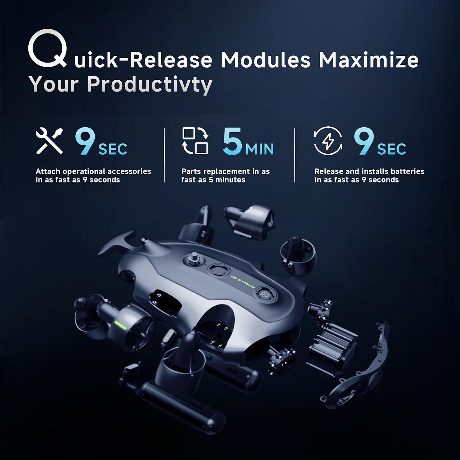 QYSEA FIFISH E-GO E200A Underwater Drone with Robotic Arm, 24/7 Continuous Operation with Energy Station, 10,000 Lumens Light, 1/1.8" CMOS 4K Camera, Extended Battery Pack, 128G Storage