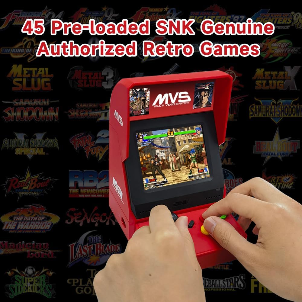 NEOGEO MVS Mini Arcade Console - 45 Preloaded Classic SNK Games (KOF, Metal Slug, Samurai Shodown), 3.5" 4:3 TFT LCD, 2-Player Support, HDMI, ABS Plastic Retro Gaming Console for Adults