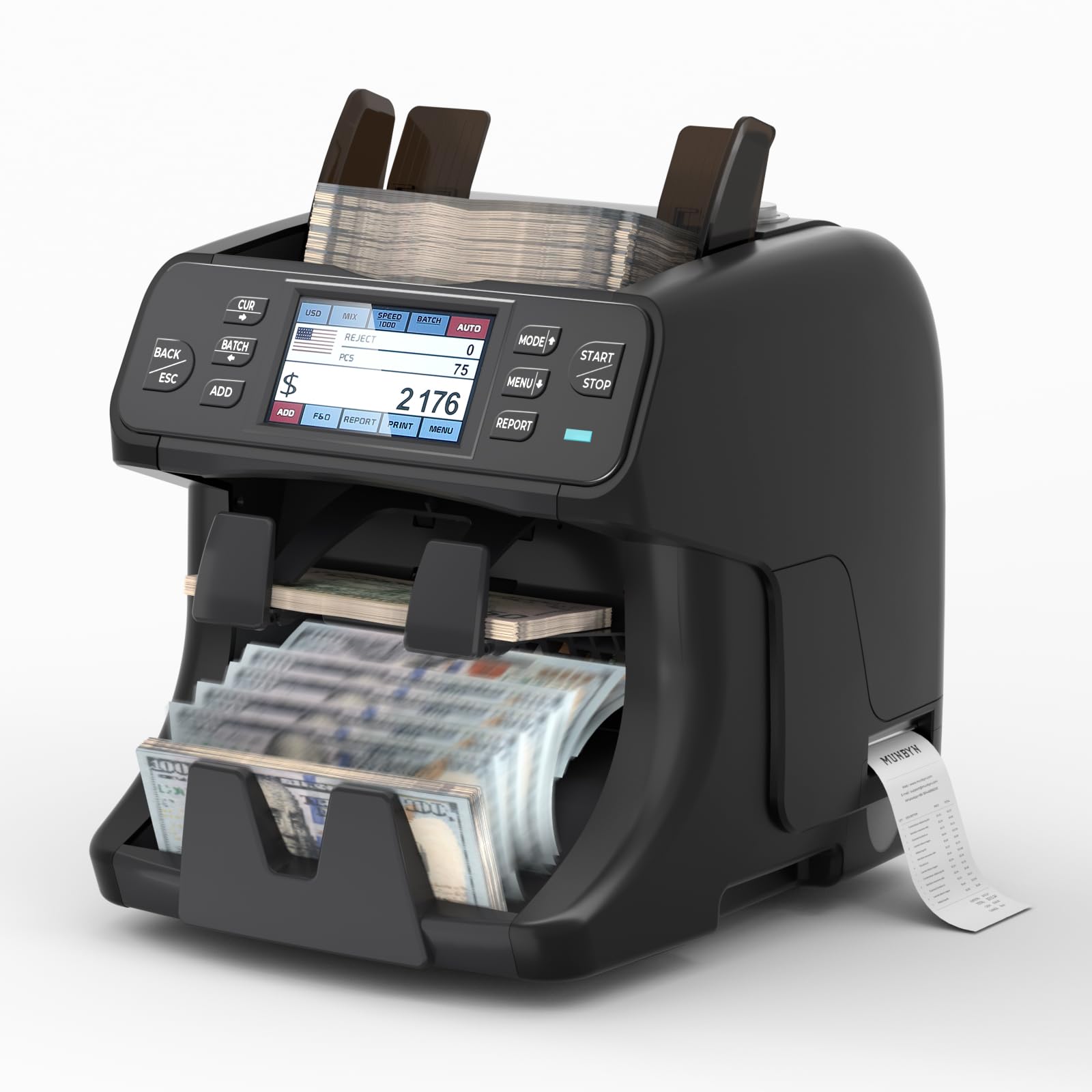MUNBYN 2-Pocket Money Counter Machine Mixed Denomination, Money Sorter, Built-in Printer, Sort on DENOM/FACE/ORI, Value Counting, 2 CIS/UV/MG/IR Counterfeit Detection, Touch Screen, 2Y Protection