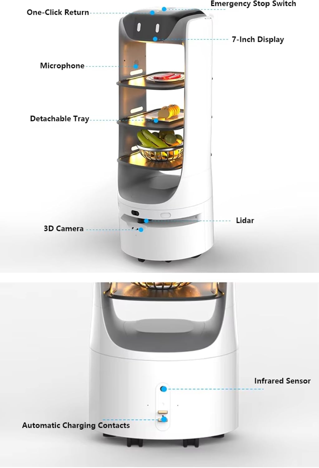 Food Delivery Robot for Restaurants & Hotels – Smart Waiter Robot, Autonomous Indoor Navigation, Large Tray Capacity, Self-Charging, Automatic Obstacle Avoidance, Multi-Coordination