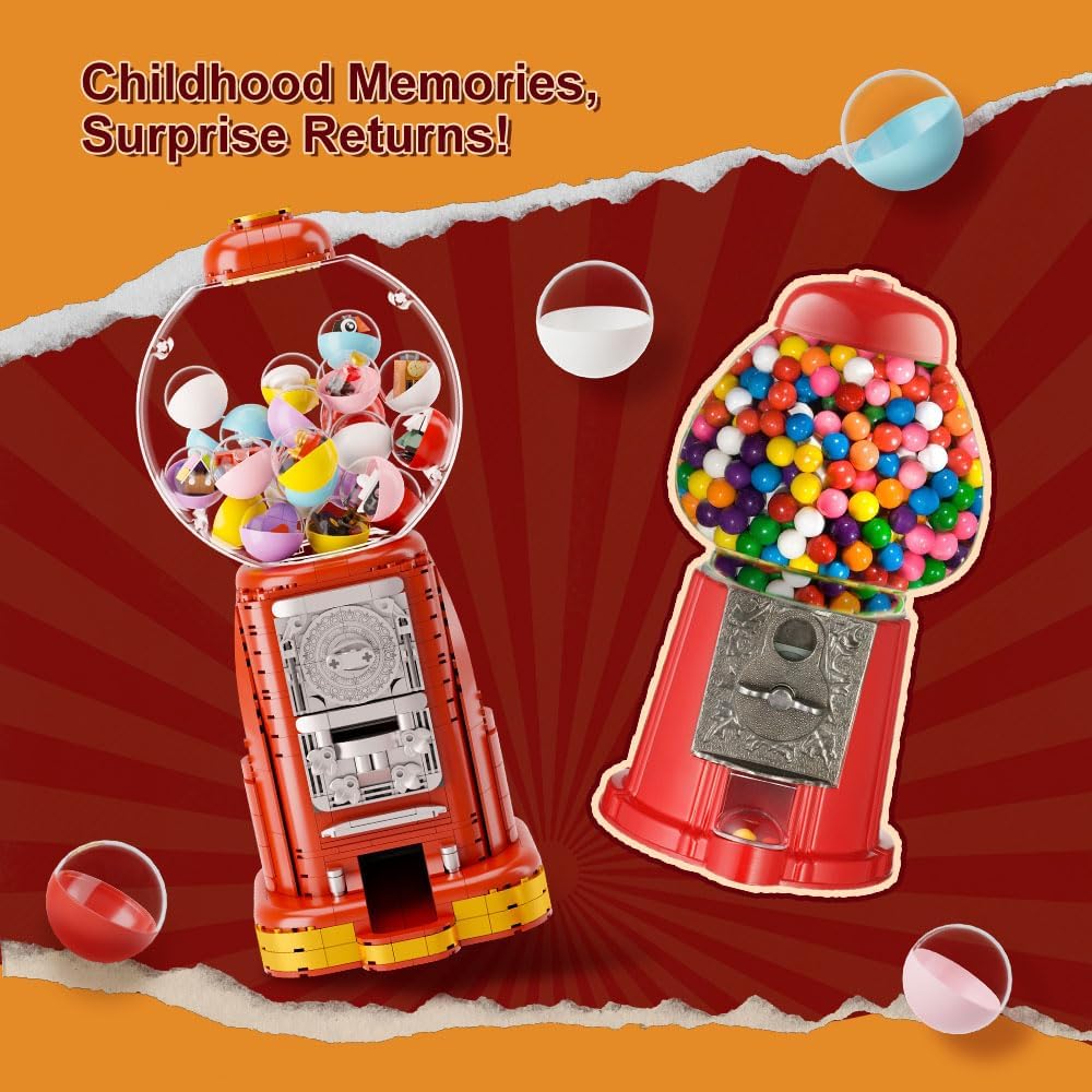 Retro Gumball Machine & Circus Claw Machine Building Set, Interactive Arcade-Style Model Kits with Lights, Music & Surprise Capsules for Collectible Display & Play