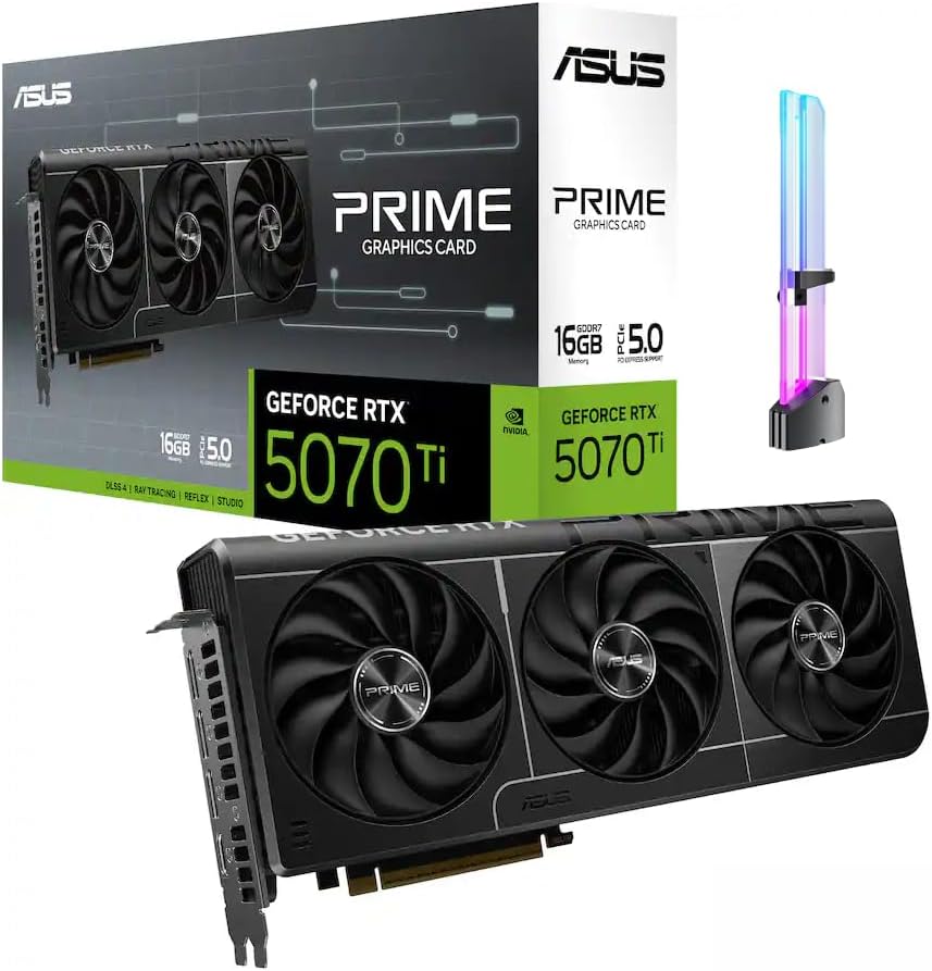 ASUS Prime RTX 5070 Ti OC 16GB GDDR7 GPU, PCIe 5.0, HDMI 2.1b, 3X DP 2.1b, High FPS 4K Gaming, Creator PC, AI Creation, Video Editing, 3D Rendering, Streaming, Local AI, with GPU Holder