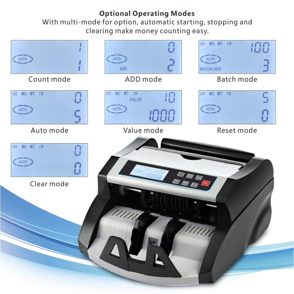 Money Counter Machine Count Value,UV/MG/MT/IR Counterfeit Detection Bill Counter,US Dollar only Cash Counter, Add+Value/Batch+Value Modes,Money Counting Machine with LCD Display (Black+Grey)