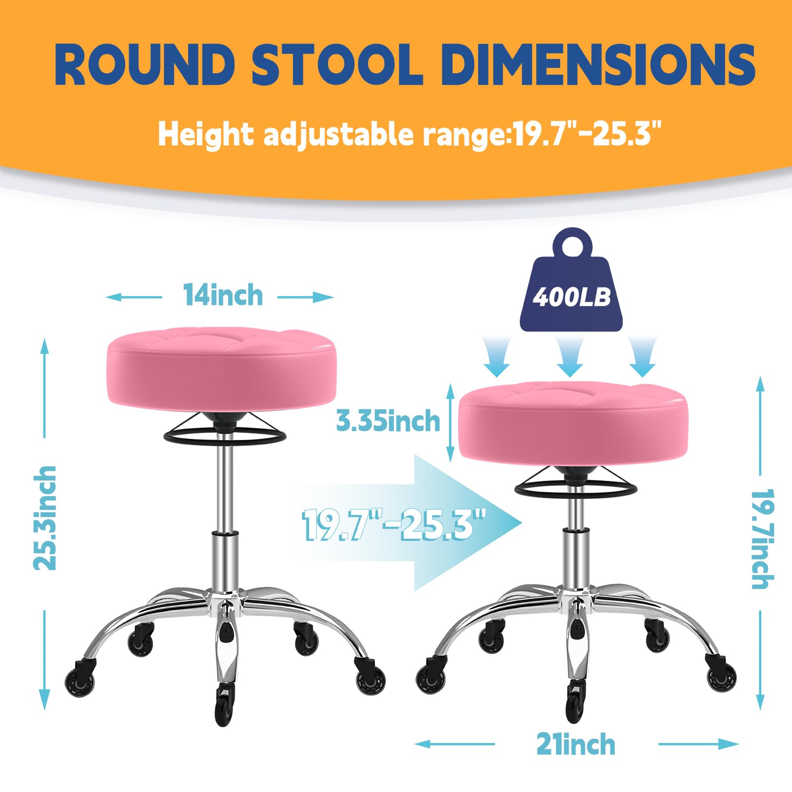 Rolling Stool Heavy Duty 400lb: Super Soft Seat Cushion,360° Swive,Height Adjustability,No Squeaky Noises,No Tip Over, New Upgraded Salon stool Chair, for Tattoo Facial Massage Spa Medical (Black)