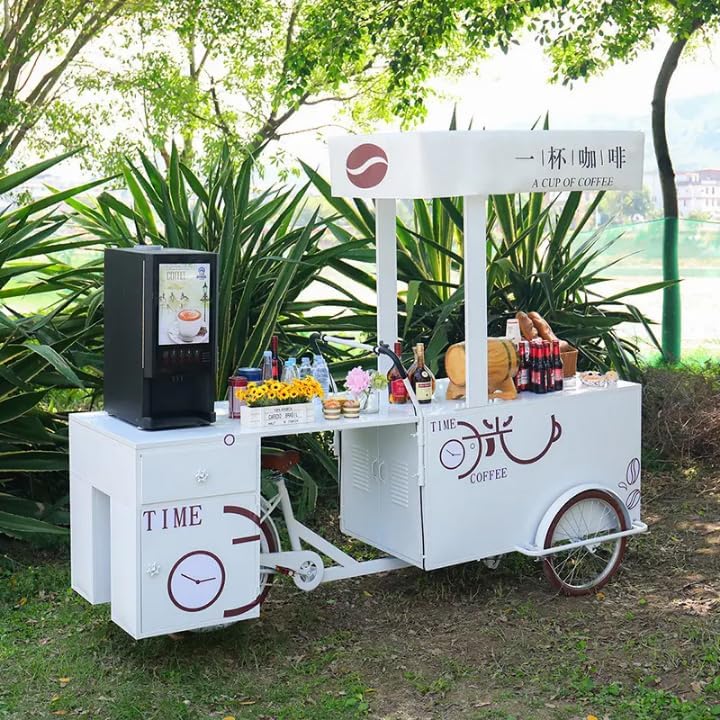 Mobile Ice Cream Bicycle Cart, White Commercial Tricycle Vending Station with Coffee Machine, Display Counter, Storage Compartments for Beverages