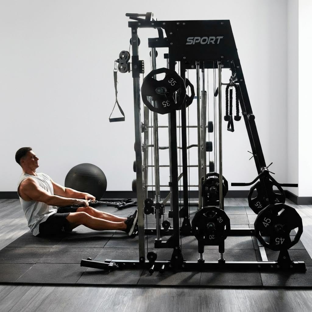 Smith Machine Home Gym, 2200LB Power Cage with Dual Pulley Cable Systems, LAT Pull-Down, Leg Hold-Down & 20+ Attachments for Full Body Workouts