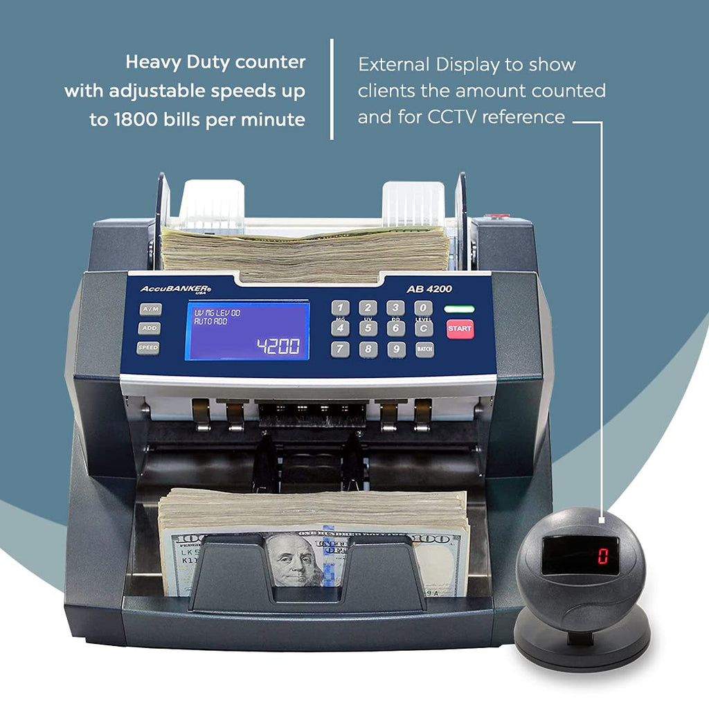 AccuBANKER AB4200MGUV Bill Counter Machine, 300 Bills Hopper Capacity Variable Counting Speeds up to 1,800 Bills/Min with 3-Point Counterfeit Detector Magnetic Ultraviolet, Commercial Grade, UL & CE