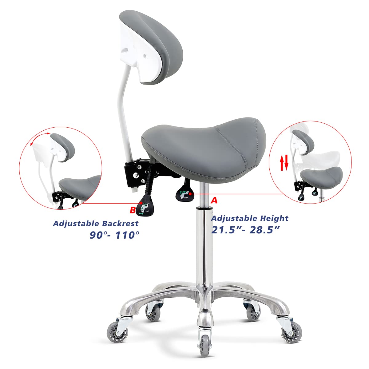 Antlu Saddle Stool Chair for Massage Clinic Spa Salon Cutting, Saddle Rolling Stool with Wheels Adjustable Height (Black)
