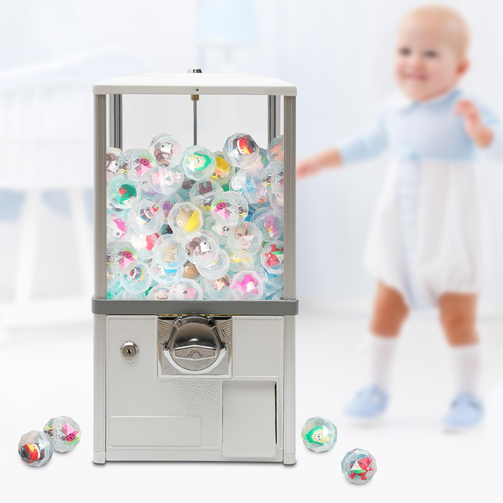 25 Cents Coin Operated Vending Machine, Capsule Vending Machine for Kids, Commercial Toy Vendor with Key Lock, Bubble Gum Ball Dispenser for Arcades Retail Stores, 1.77-1.97in Toys (Green)