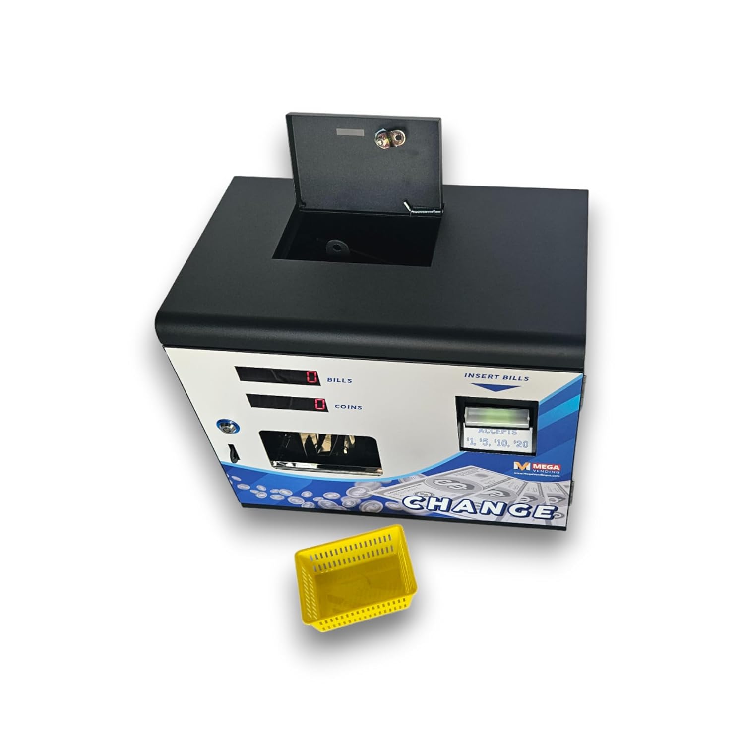 Dollar Bill Changer Machine – Front Door Bill to Coin Change Machine Black, Slots, Arcades, Laundry Stores Accepts Various Denominations to Dispense US Quarters/Tokens – Fits 3000 Coins