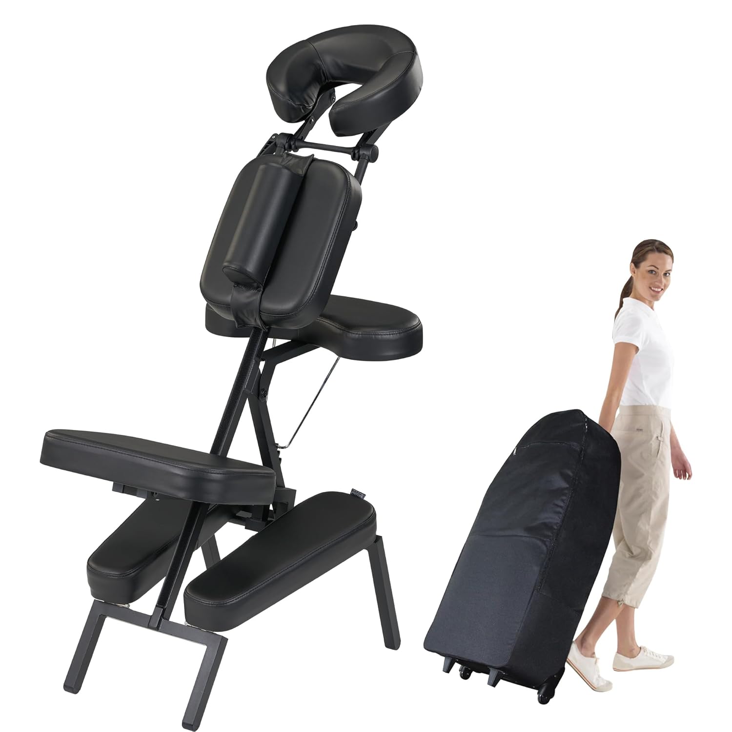 Master Massage Apollo Extra Large Size Portable Massage Chair-Lightweight Aluminum Tattoo Foldable-Sitting Posture Folding Massage Chair-with Larger Cushions and Wheels Bag-in Black