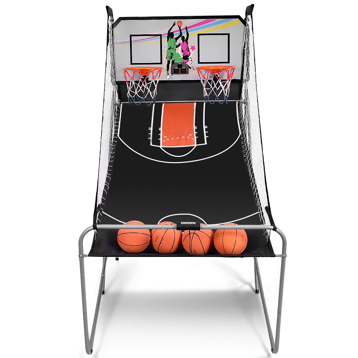 GYMAX Arcade Basketball Game Indoor Foldable with 8 Game Modes, Arcade Sound, 4 Balls and Inflation Pump, Electronic Basketball Games for Home