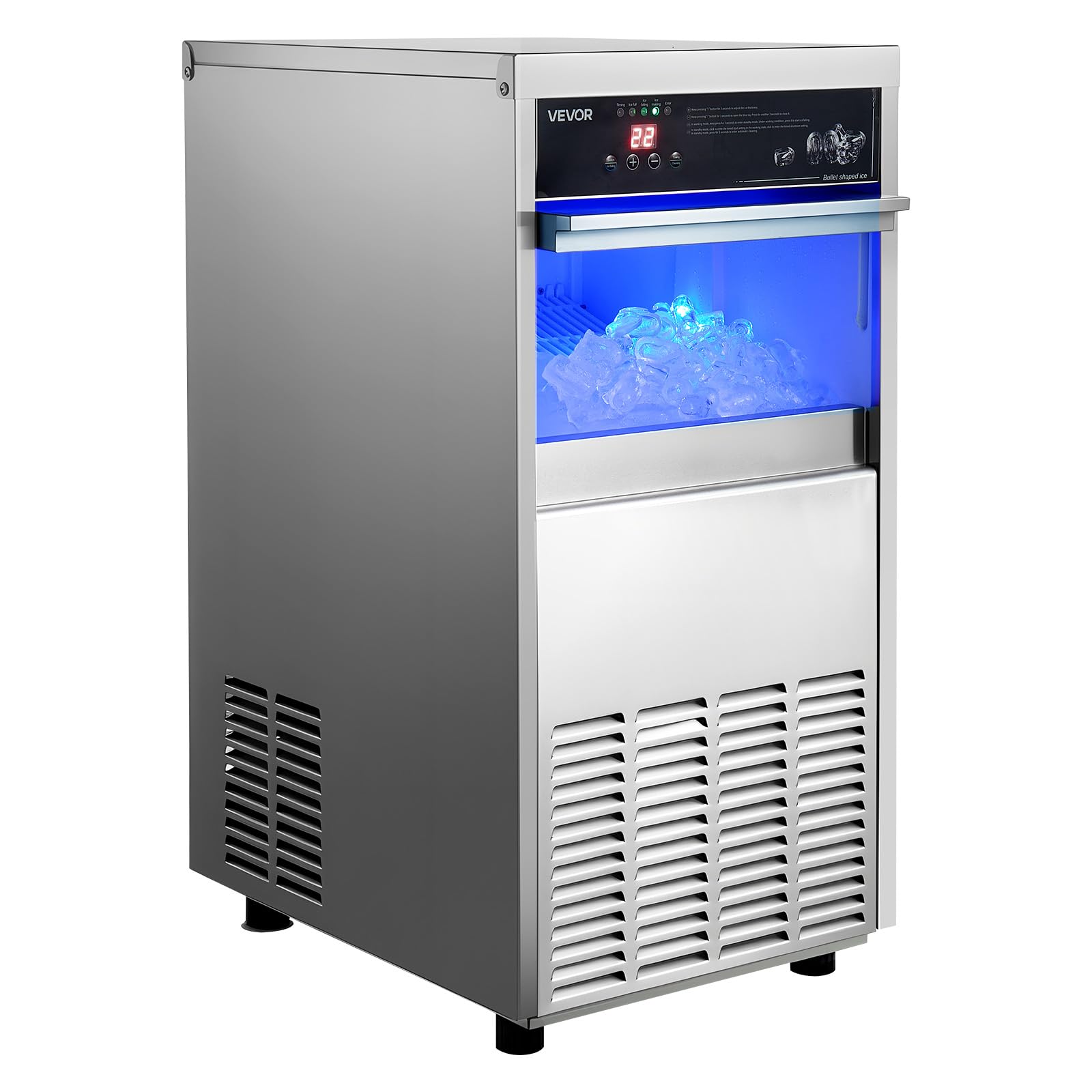 VEVOR Commercial Ice Maker Machine, 100 lbs/24h with 30-35 lbs Storage, Bullet Ice,Built-in/Freestanding/Under Counter, Stainless Steel Ice Maker with LED Display for Home Bar Restaurant