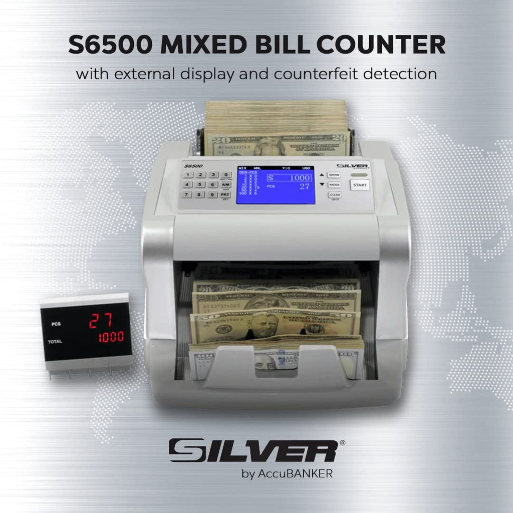 USD EUR CAD GBP MXN Money Counter Machine, Quick Mixed Denomination Bill Counter, Counterfeit Detection UV/MG/IR/DD/MT/DBL/HLF/CHN, with Printer Included, S6500
