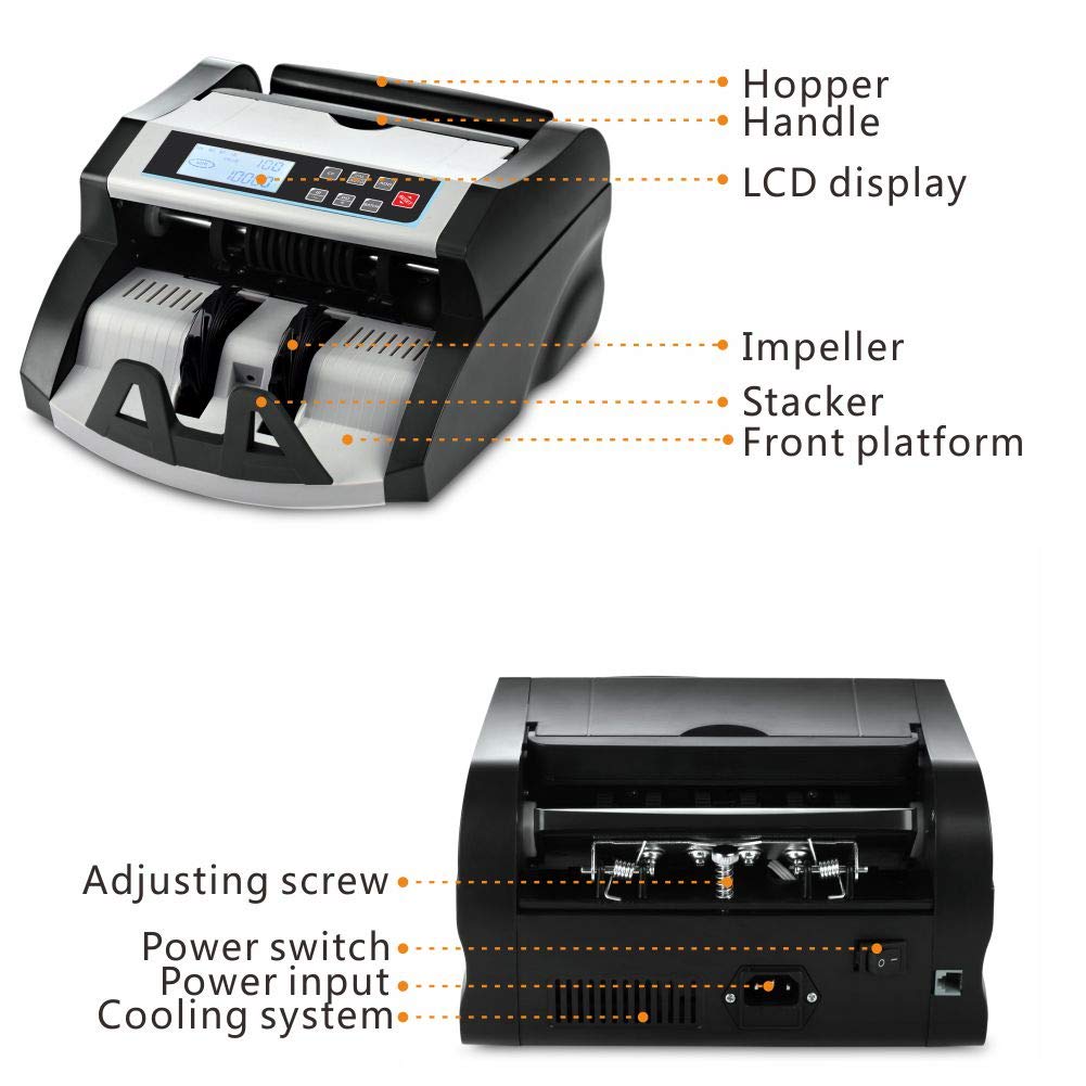 Money Counter Machine Count Value,UV/MG/MT/IR Counterfeit Detection Bill Counter,US Dollar only Cash Counter, Add+Value/Batch+Value Modes,Money Counting Machine with LCD Display (Black+Grey)