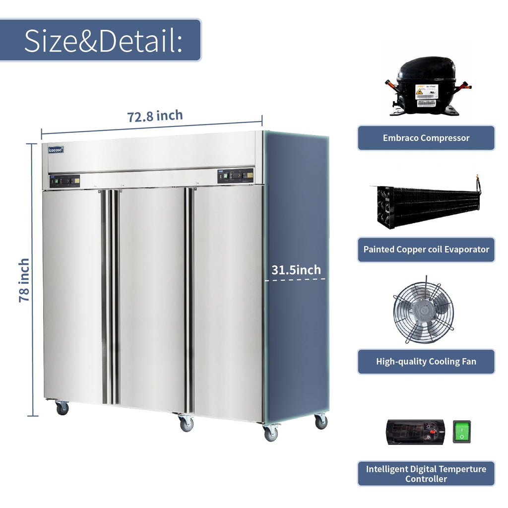 ICECASA 48" W Commercial Refrigerator Reach-in 36 Cu.ft 2 Solid Door Stainless Steel Commercial Refrigerator Fan Cooling for Restuarant, Bar, Shop, etc