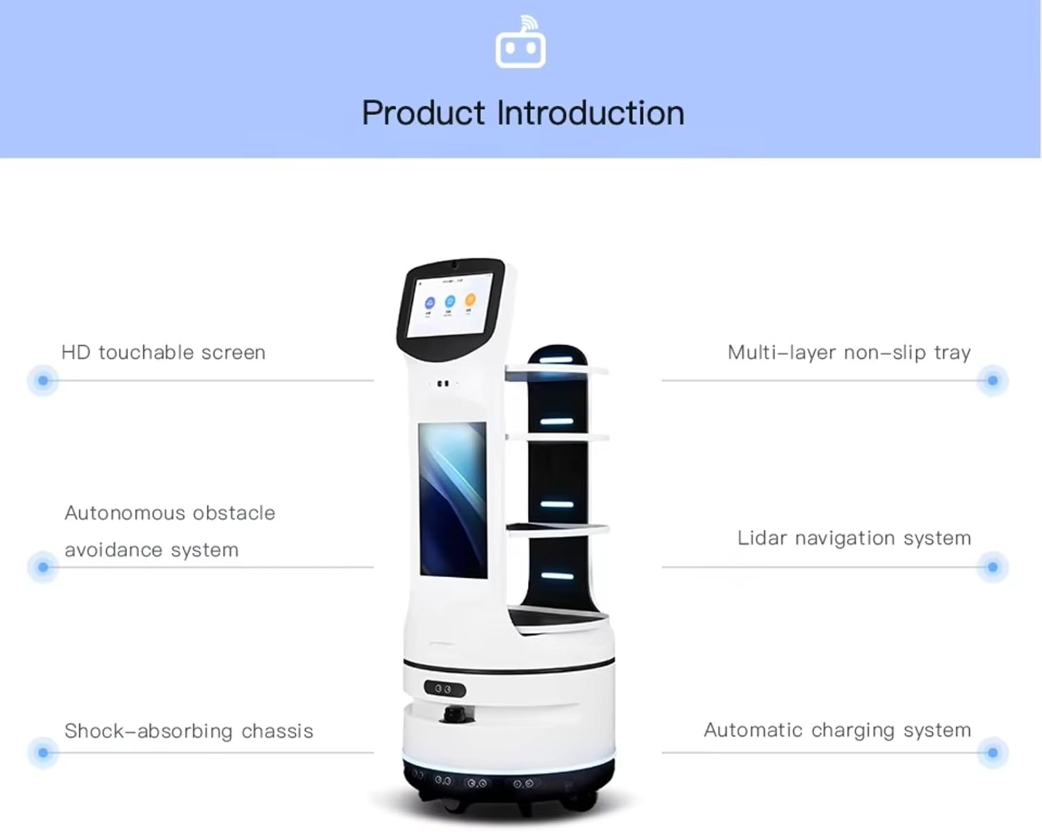Interactive Restaurant Waiter Robot – Autonomous Food & Drink Delivery, Elevator Control, Large Tray Capacity, Self-Charging, Contactless Commercial Meal Server, Multi-Robot Coordination