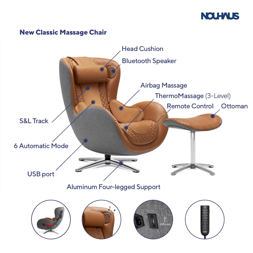 Nouhaus Classic Massage Chair with Ottoman – Caramel Leather Recliner with Percussive Shiatsu Massager, Built-in Speaker & Full Body Spot Massage – Ultimate Comfort for Home & Office