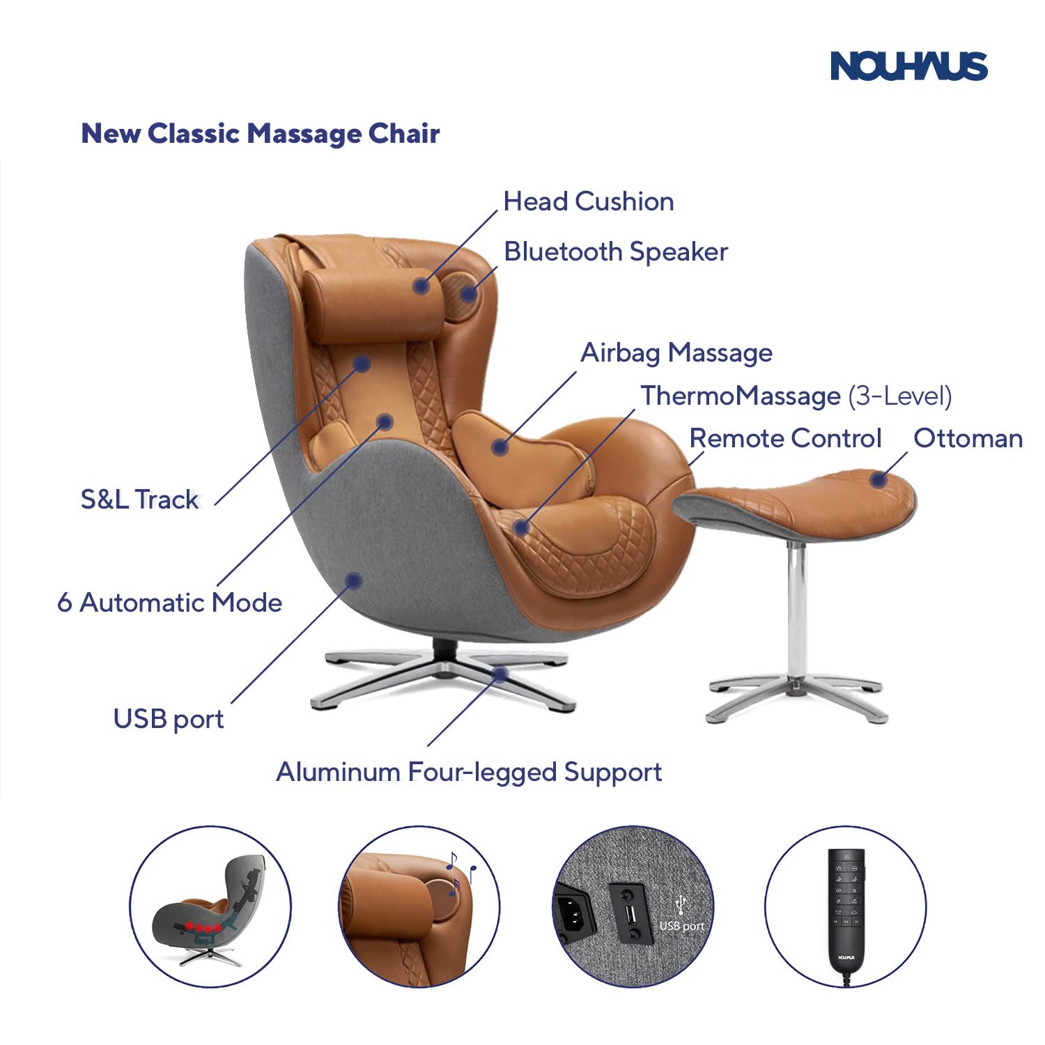 Nouhaus Classic Massage Chair with Ottoman – Caramel Leather Recliner with Percussive Shiatsu Massager, Built-in Speaker & Full Body Spot Massage – Ultimate Comfort for Home & Office