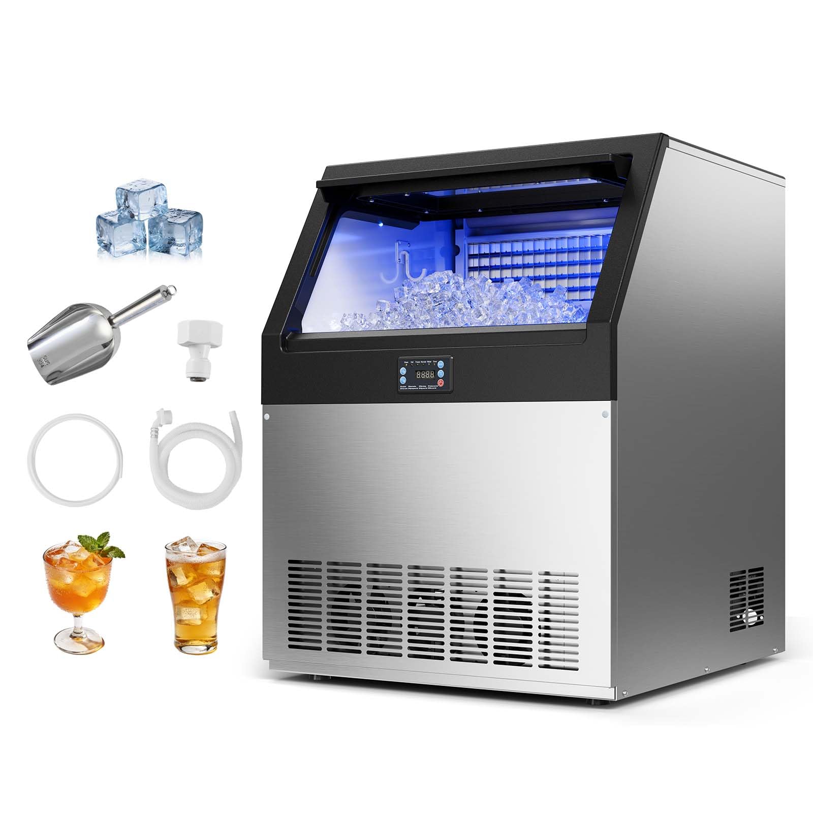 VEVOR Commercial Ice Maker Machine, 100 lbs/24h with 30-35 lbs Storage, Bullet Ice,Built-in/Freestanding/Under Counter, Stainless Steel Ice Maker with LED Display for Home Bar Restaurant