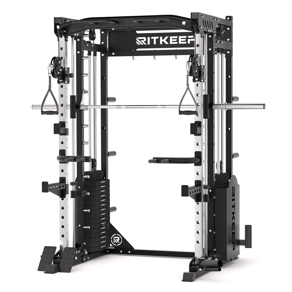 RitKeep PMAX-5600 Pro Heavy-Duty Smith Machine Squat Rack with 320 LB Weight Stacks, 6-in-1 Multi-Function Home Gym System, Dual Cable Crossover and 2000 LB Capacity for Full-Body Strength Training