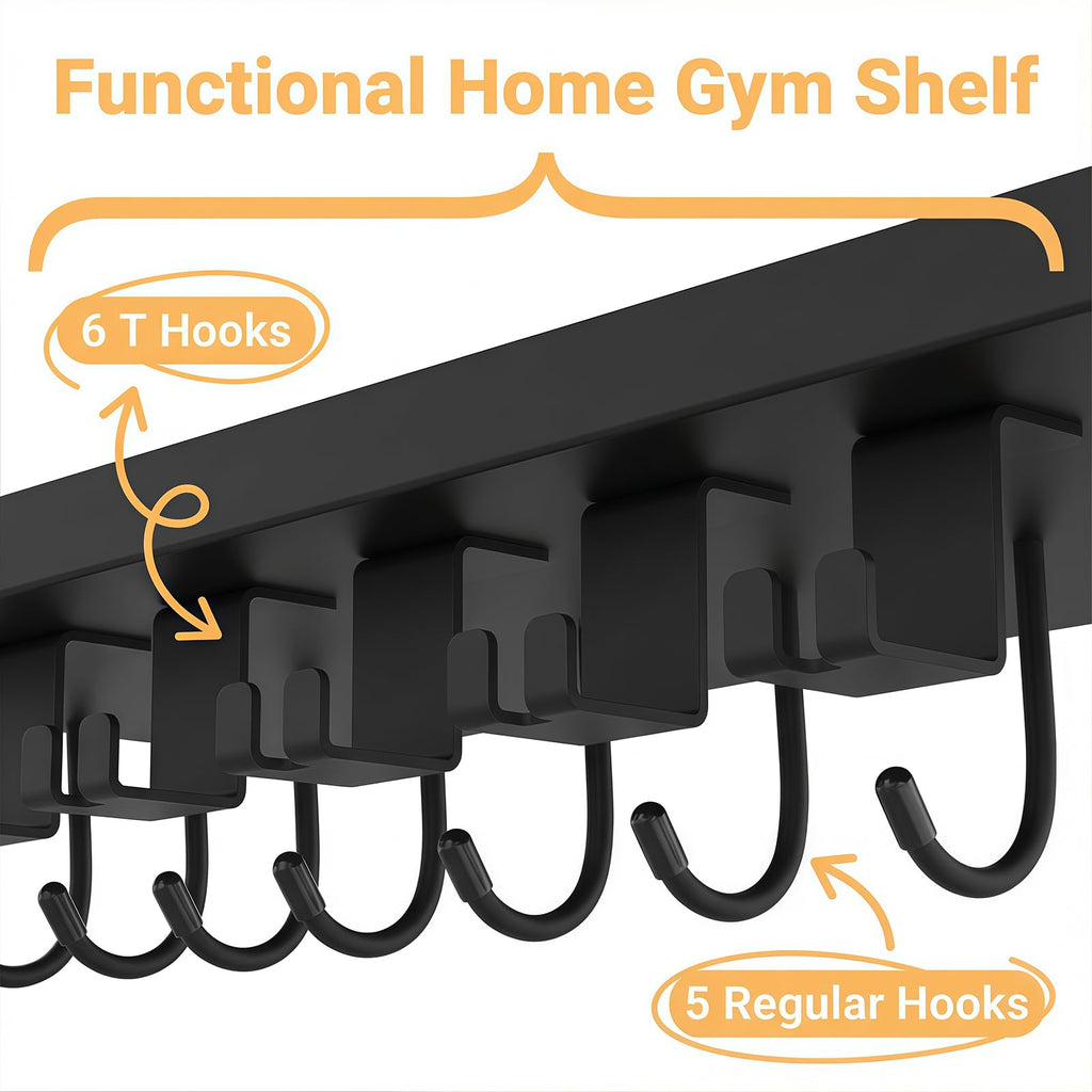 Floating Shelf Organizer Compatible with Tonal Accessories,16.9x6Home Gym Weight wall Storage Equipment Hanger, Metal Rack Holder Wall Mount with 5 T-Lock Brackets & Hooks Hanger (Black)