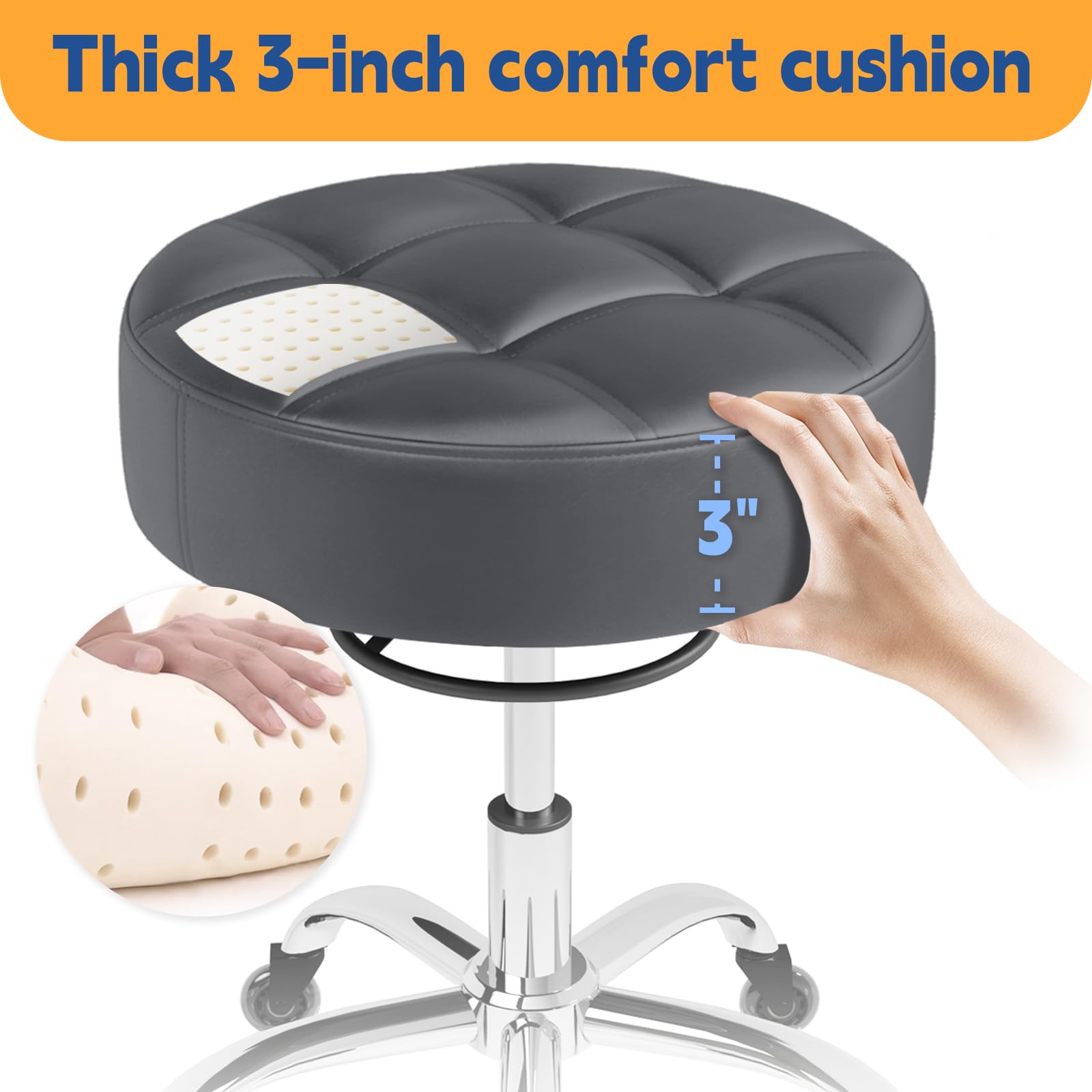 Rolling Stool Heavy Duty 400lb: Super Soft Seat Cushion,360° Swive,Height Adjustability,No Squeaky Noises,No Tip Over, New Upgraded Salon stool Chair, for Tattoo Facial Massage Spa Medical (Black)