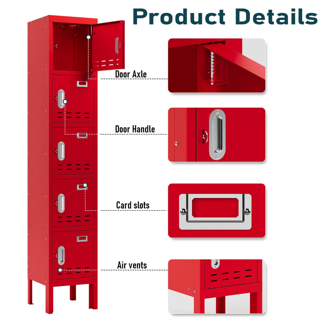 BUTISOW Metal Lockers - 66" Height Steel Lockers for Employees with 5 Door Storage Locker with Card Slot for Employees Gym School Home Office Garage - Assembly Required