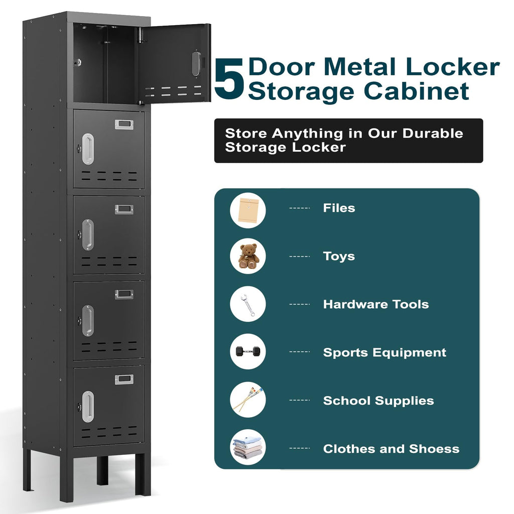 BUTISOW Metal Lockers - 66" Height Steel Lockers for Employees with 5 Door Storage Locker with Card Slot for Employees Gym School Home Office Garage - Assembly Required
