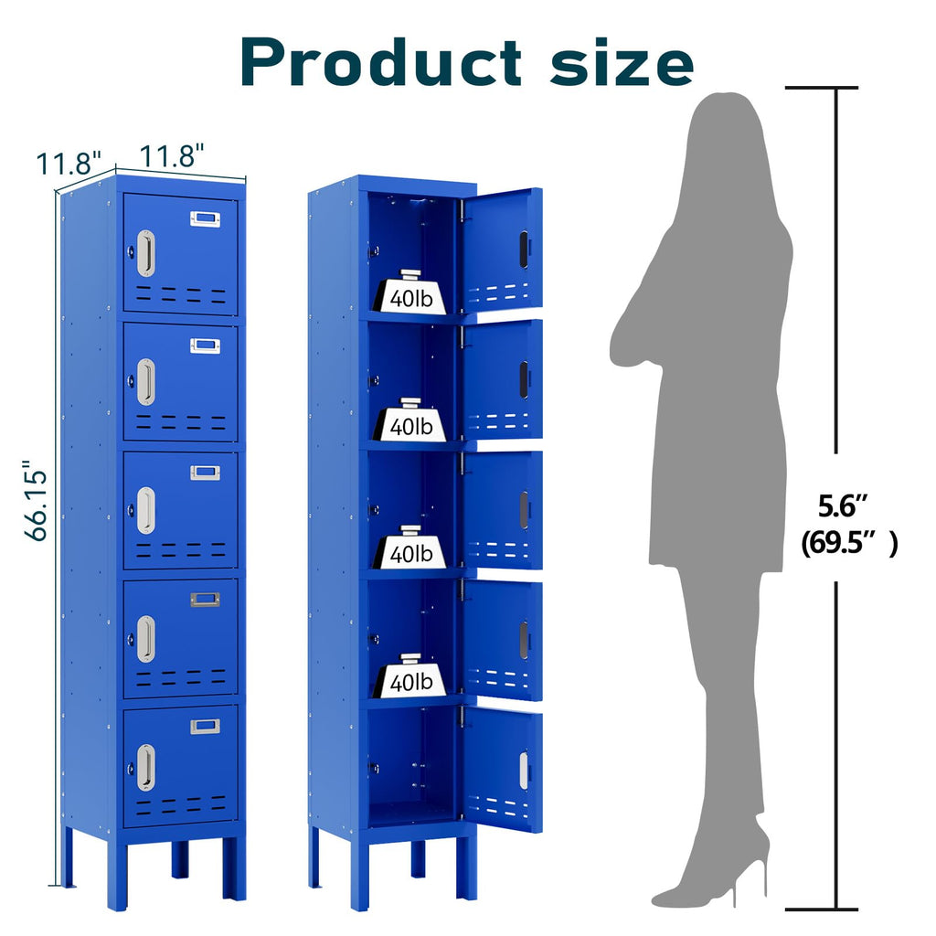 BUTISOW Metal Lockers - 66" Height Steel Lockers for Employees with 5 Door Storage Locker with Card Slot for Employees Gym School Home Office Garage - Assembly Required