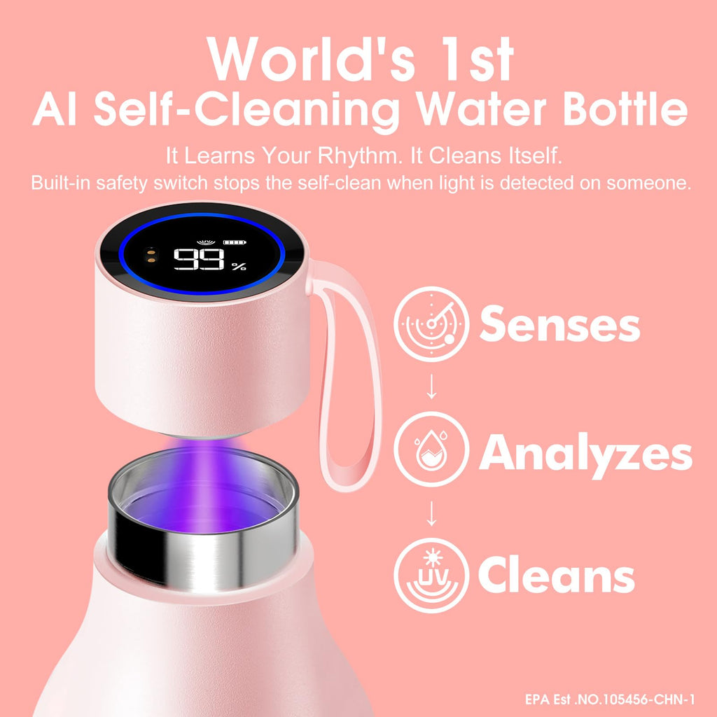 VSITOO 33oz Smart Self-Cleaning Water Bottle，Large Insulated Stainless Steel Bottle with AI Self-Clean, 30-Day Battery & Magnetic Charging for Outdoor Travel, Gym or Office, Pink
