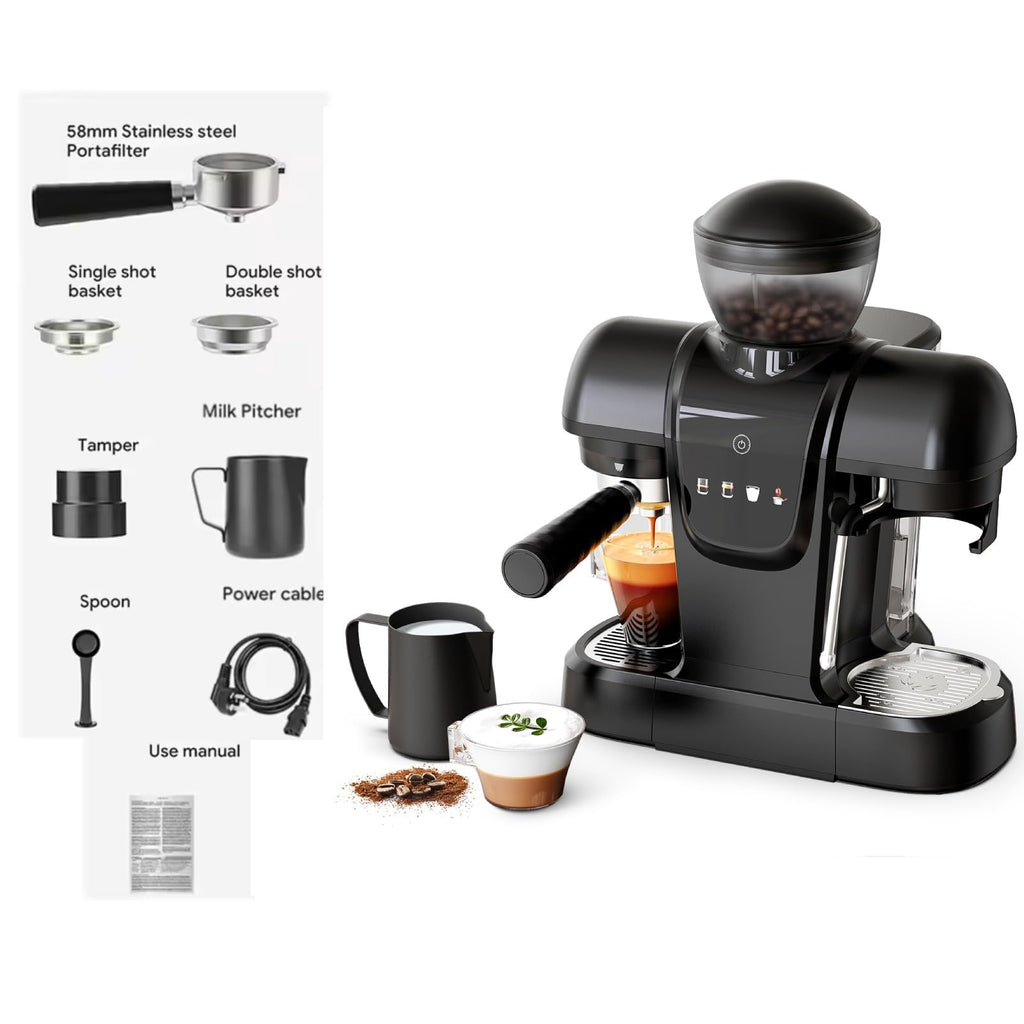 20 Bar Espresso Machine with Grinder & Steam Wand - Semi Automatic Coffee Maker, NTC Intelligent Temp Control, 58mm Stainless Steel Portafilter, One-Touch Panel for Home Barista (BLACK)