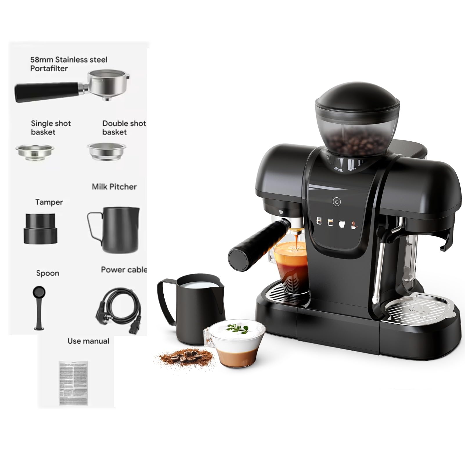 20 Bar Espresso Machine with Grinder & Steam Wand - Semi Automatic Coffee Maker, NTC Intelligent Temp Control, 58mm Stainless Steel Portafilter, One-Touch Panel for Home Barista (BLACK)