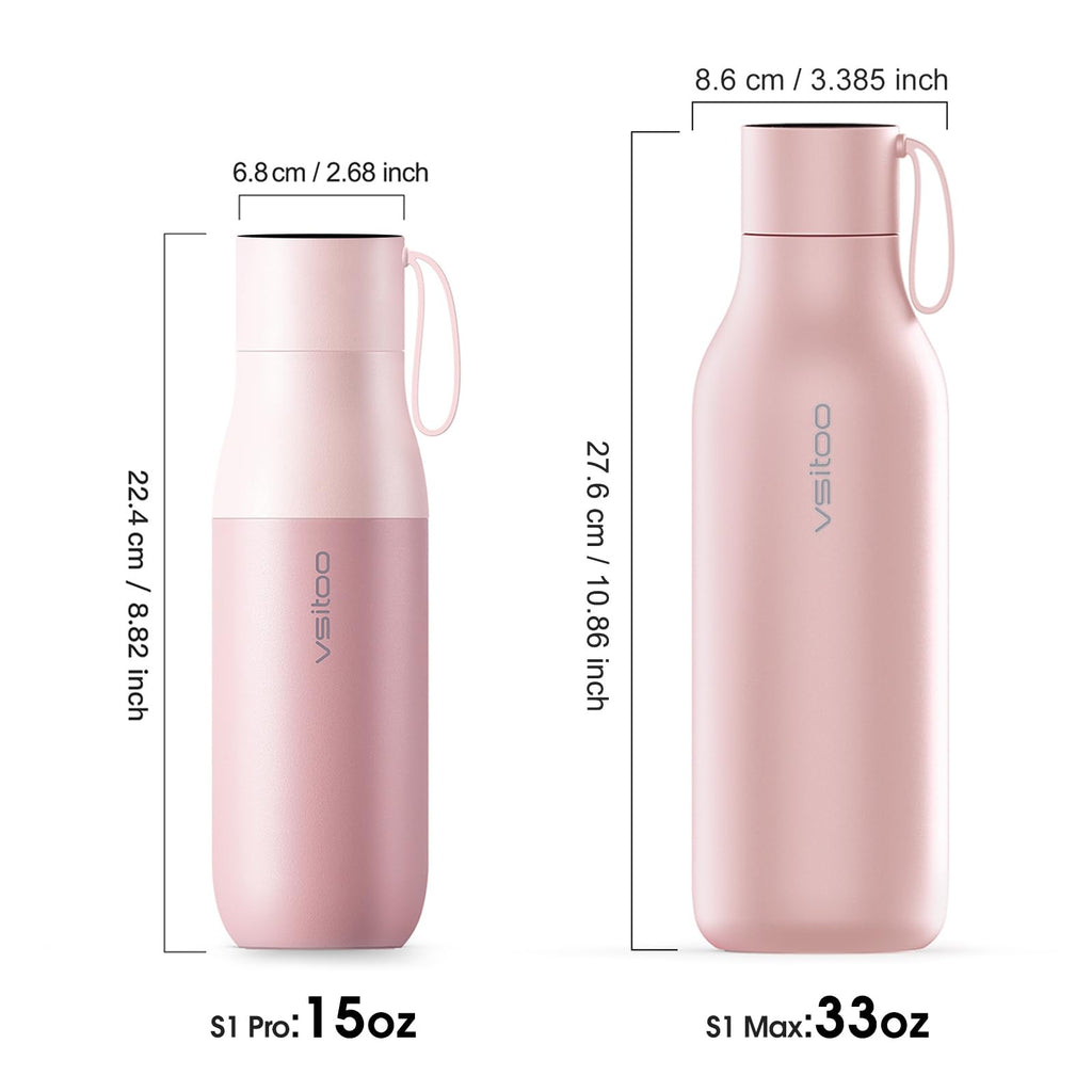 VSITOO 33oz Smart Self-Cleaning Water Bottle，Large Insulated Stainless Steel Bottle with AI Self-Clean, 30-Day Battery & Magnetic Charging for Outdoor Travel, Gym or Office, Pink