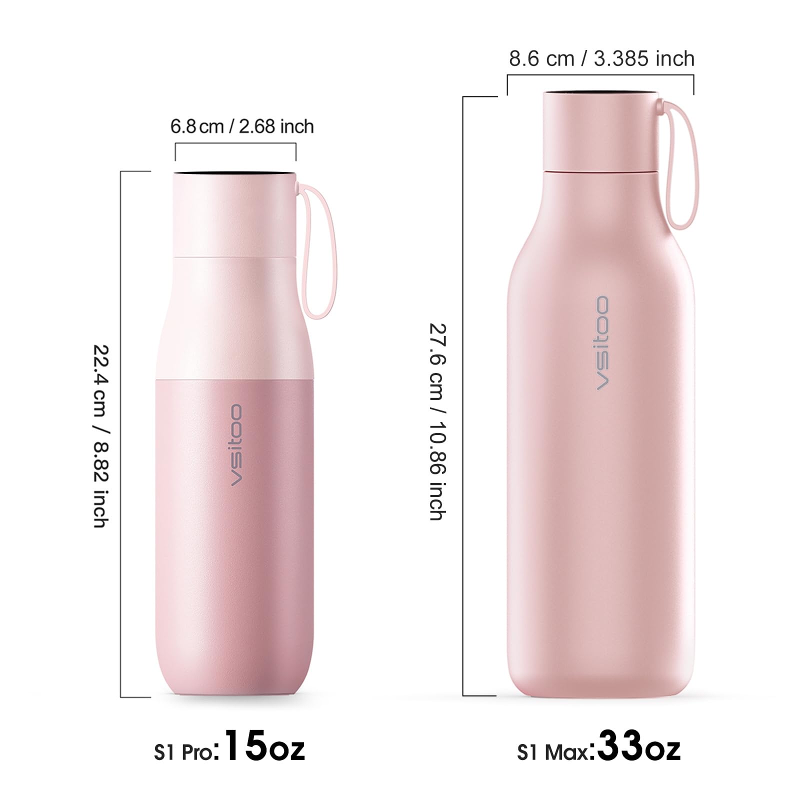 VSITOO 15oz Mini Smart Water Bottle，Self-Cleaning Insulated Bottle, Small Thermoses with AI, App & Touchscreen, Perfect Purse Water Bottle for Travel, Gym & Office, Pink