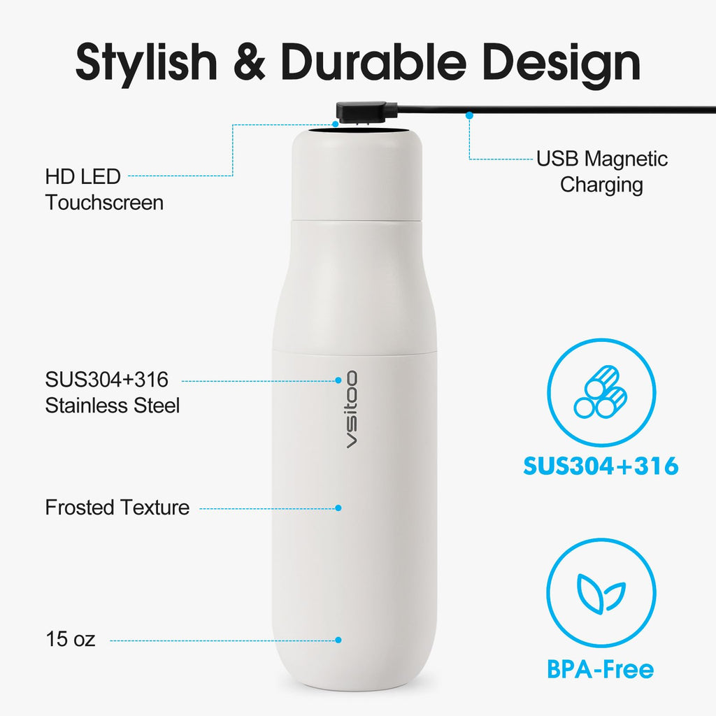 VSITOO 15oz Mini Smart Water Bottle，Self-Cleaning Insulated Bottle, Small Thermoses with AI, App & Touchscreen, Perfect Purse Water Bottle for Travel, Gym & Office, Pink