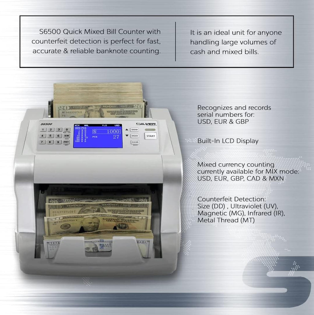 USD EUR CAD GBP MXN Money Counter Machine, Quick Mixed Denomination Bill Counter, Counterfeit Detection UV/MG/IR/DD/MT/DBL/HLF/CHN, with Printer Included, S6500