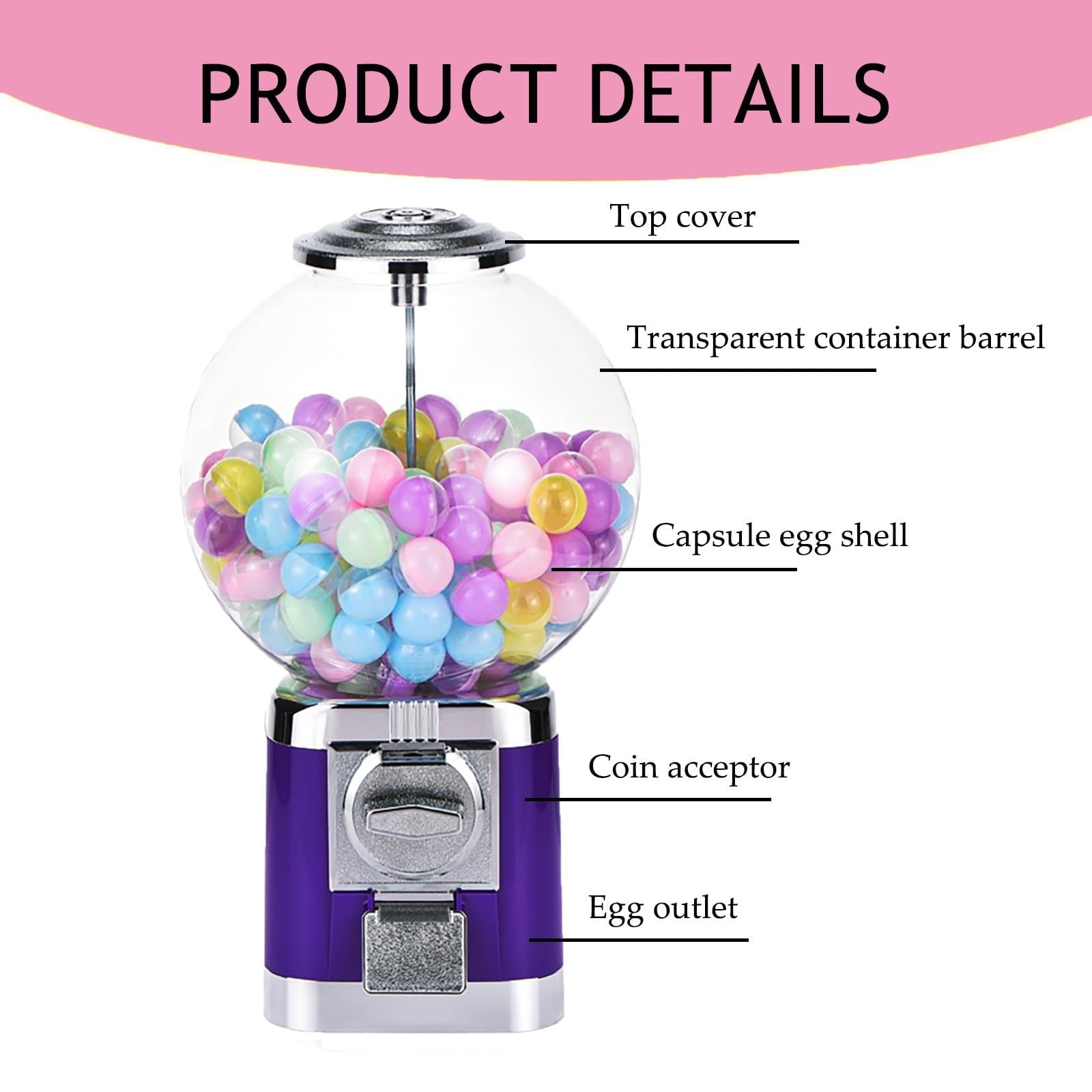 18.1inch Height Candy Gumball Vending Machine, Gumball Automatic Machine, Toy Capsule Dispenser Machine，Claw Machine for Kids Perfect for Birthdays(Pink)