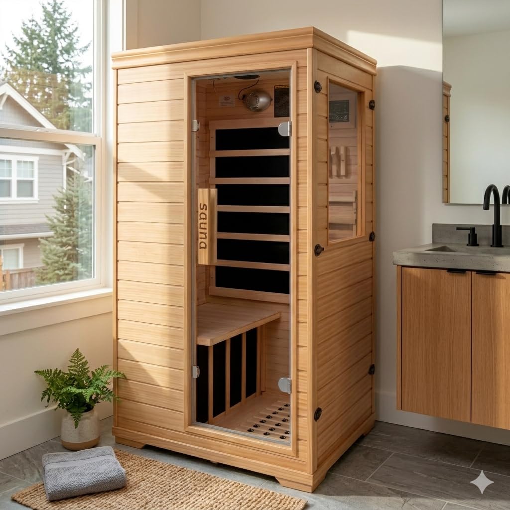 1350W Far Infrared Home Sauna, Energy-Efficient Fast-Heating Indoor Sauna Room with Bluetooth & 7-Color Therapy, Canadian Hemlock Wood, Modular Design - Ideal for Home Gym, Family Relaxation
