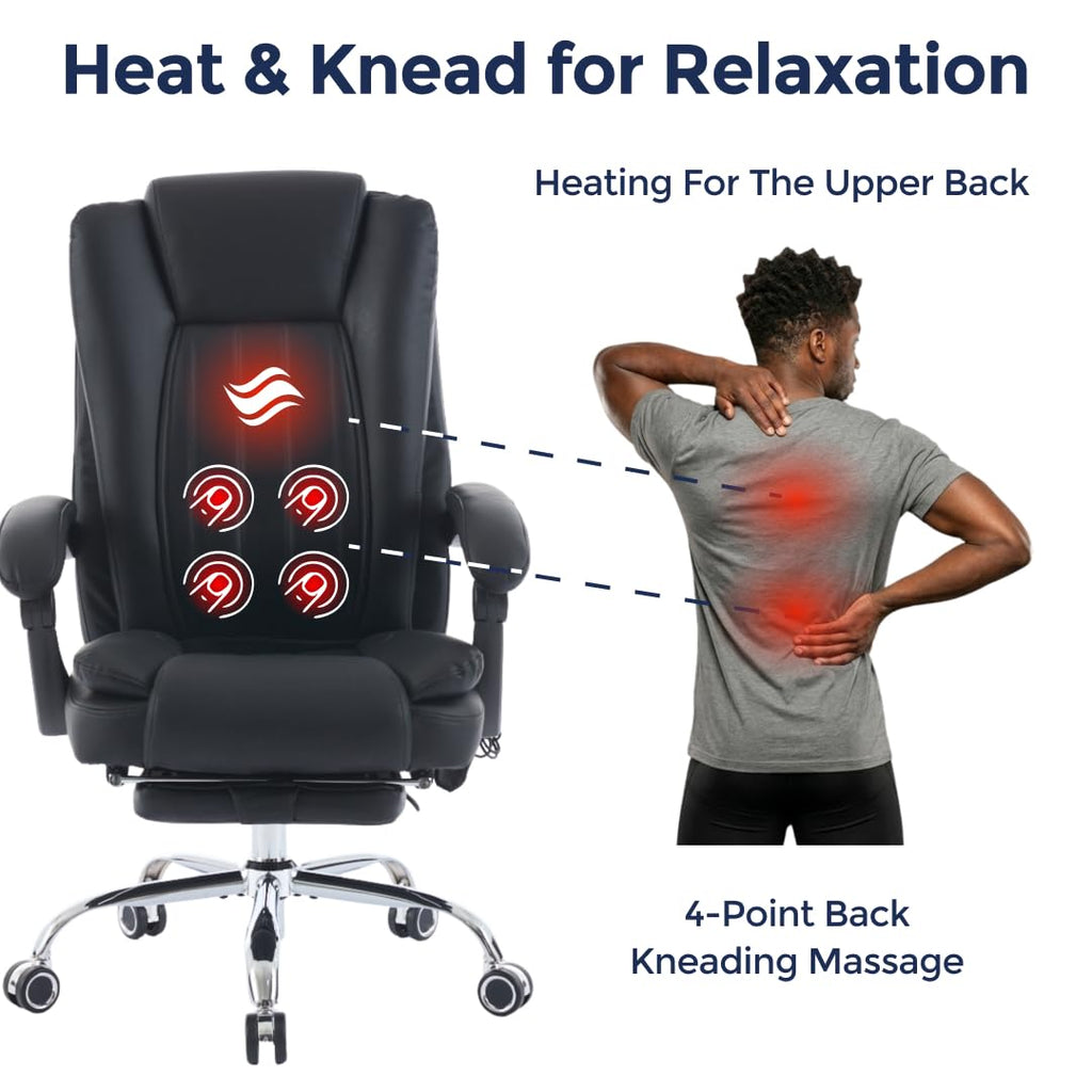 Orbis 4-Point Kneading Heated Massage Office Chair with Foot Rest | 500lbs Big & Tall Ergonomic Executive Desk Chair for Heavy People | Reclining Home Office Computer Chair | Leather Caramel