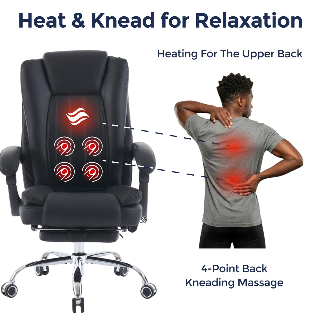 Orbis 4-Point Kneading Heated Massage Office Chair with Foot Rest | 500lbs Big & Tall Ergonomic Executive Desk Chair for Heavy People | Reclining Home Office Computer Chair | Leather Caramel