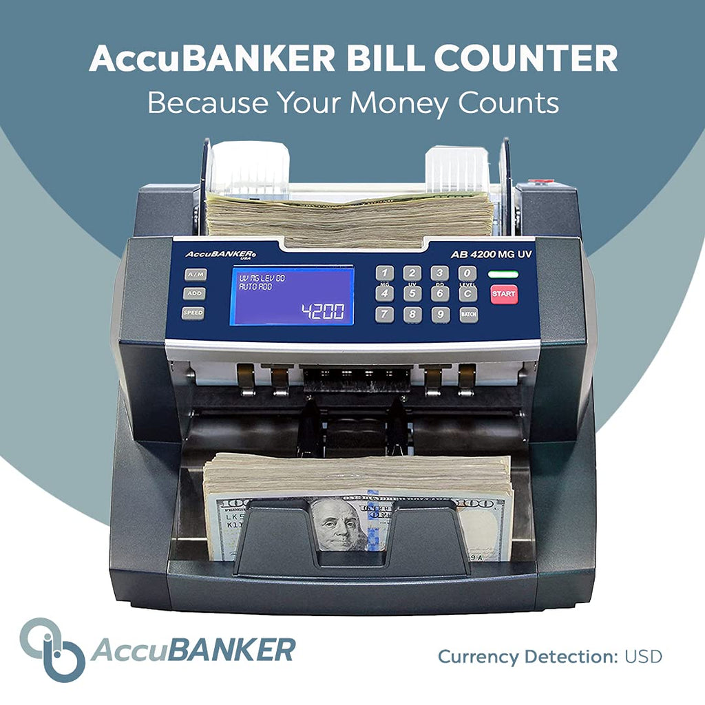 AccuBANKER AB4200MGUV Bill Counter Machine, 300 Bills Hopper Capacity Variable Counting Speeds up to 1,800 Bills/Min with 3-Point Counterfeit Detector Magnetic Ultraviolet, Commercial Grade, UL & CE
