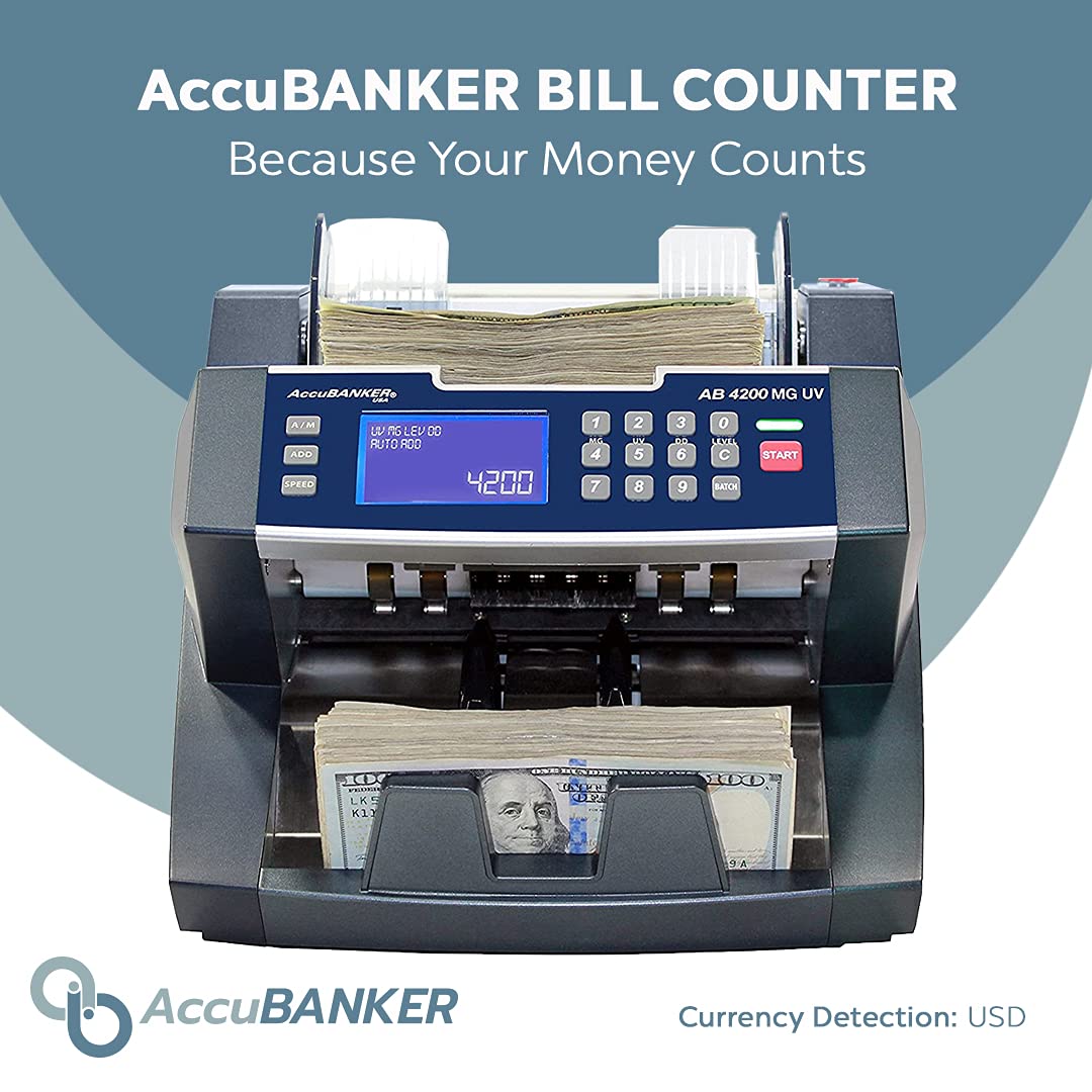 AccuBANKER AB4200MGUV Bill Counter Machine, 300 Bills Hopper Capacity Variable Counting Speeds up to 1,800 Bills/Min with 3-Point Counterfeit Detector Magnetic Ultraviolet, Commercial Grade, UL & CE